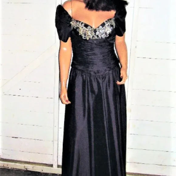 alyce designs vintage sequin dress Vintage Alyce Designs Sequin Gown Womens 14BlackPuff Sleeve Cutout Dress 80s Y2k